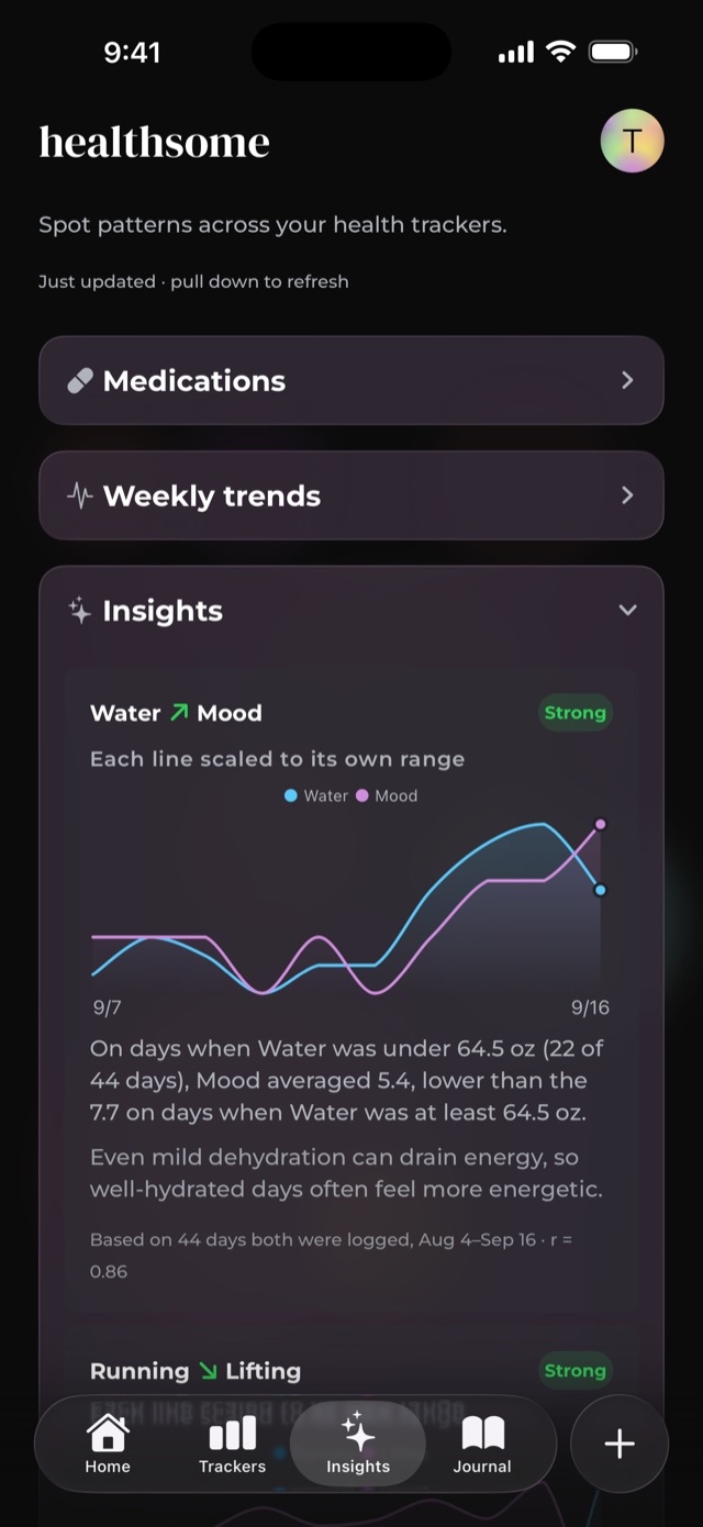 The same Insights screen in dark mode: smoky glass cards on black, with brighter chart lines