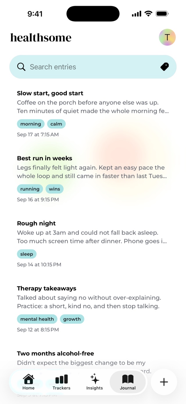 The Journal tab: entries like 'Slow start, good start' and 'Best run in weeks', each with teal tags and a date