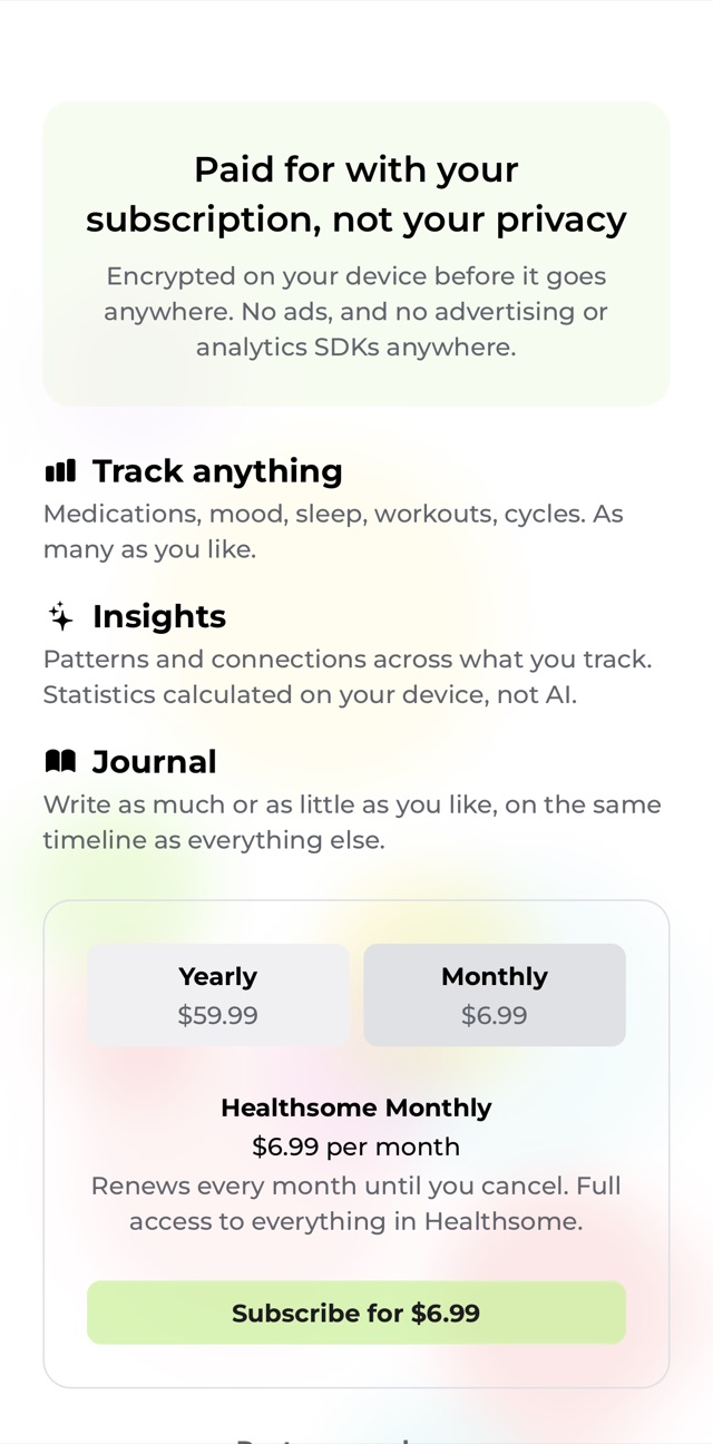 The subscription screen, headed 'Paid for with your subscription, not your privacy', with features listed above yearly and monthly plans